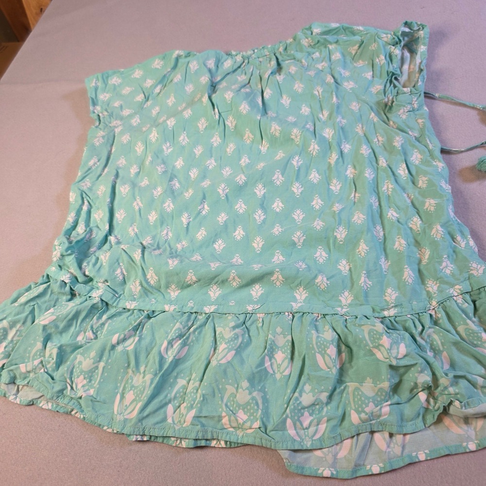 St Johns Bay Womens Teal Aqua Medallion Print Rayon Ruffle Peasant Top Large - Picture 6 of 6